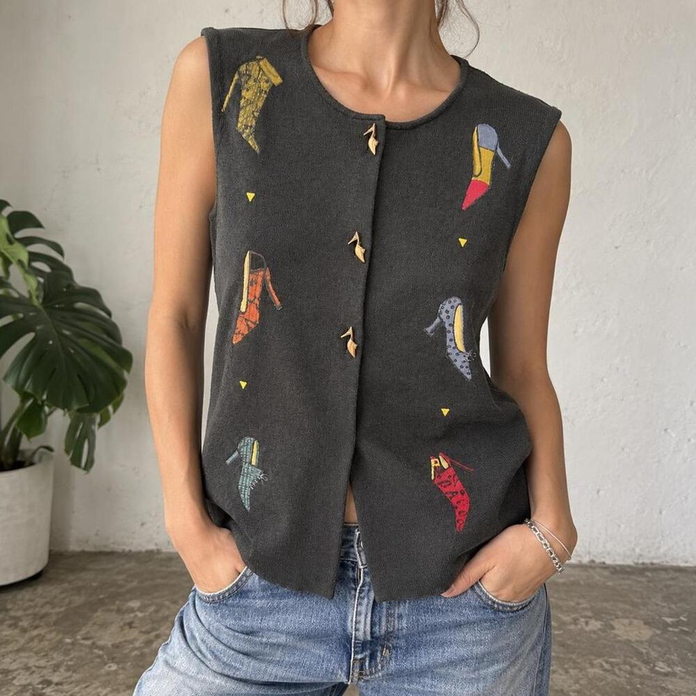 Vintage Hand Painted High Heel Shoe Knit Vest Wearable Art